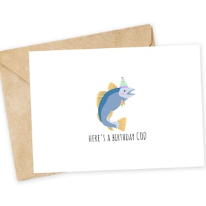Aquí tienes un bacalao de cumpleaños: divertida tarjeta de felicitación de cumpleaños, tarjeta de feliz cumpleaños, tarjeta hecha a mano, divertida, bacalao, pez, pesca, tarjeta, animal, naturaleza