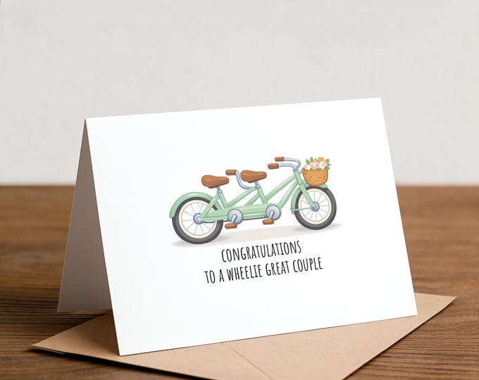 Tandem bike Wedding Card: Punny Bridal Shower Greeting, wheelie
