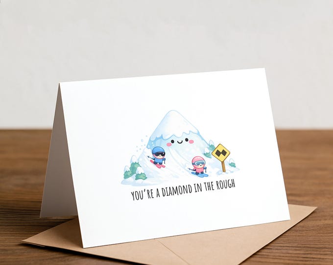 Card for first time skiier: black diamond, skiing, snowboarding