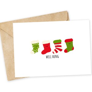 Ben appeso - Biglietto di Natale carino, biglietto di Natale divertente, biglietto di auguri semplice, Natale con giochi di parole, Natale per adulti, calze, regalo di Natale