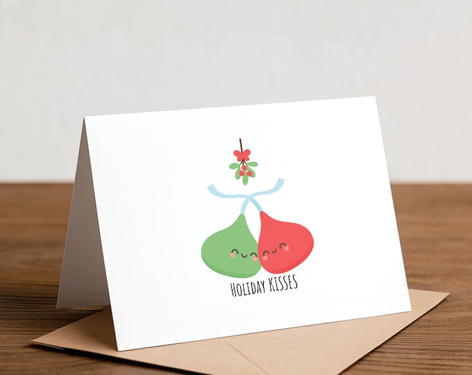 Holiday Kisses Christmas Card: Funny Pun Handmade Card