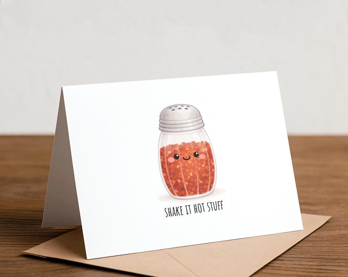 red hot chili flakes Valentine's Day Card: Handmade Foodie Pun, dancing, shake it, pizza