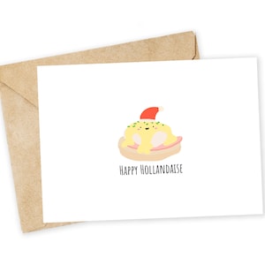 ¡Feliz fiesta holandesa! - Tarjeta navideña linda, tarjeta navideña divertida, tarjeta navideña simple, tarjeta navideña con juego de palabras, Navidad, gorro de Papá Noel, huevos Benedict