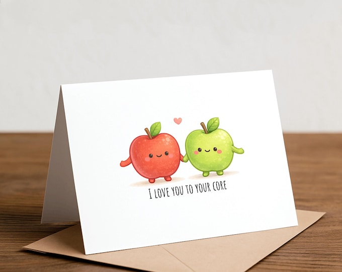 Apple Pun Greeting Card: I Love You to Your Core, Handmade Valentine's Day Card