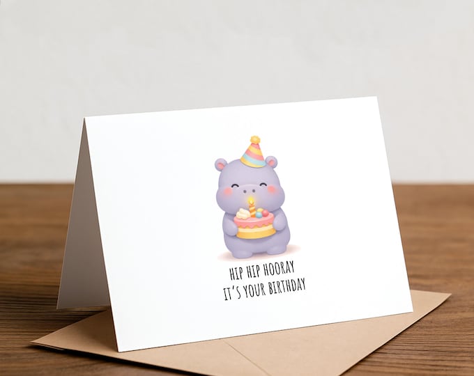 Handmade Hippo Birthday Card, Punny Greeting Card, A2 Size, Blank Inside