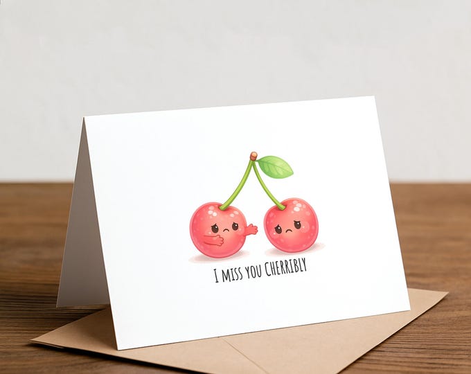 Handmade Cherry Pun Greeting Card – I Miss You Cherribly, Long Distance Card