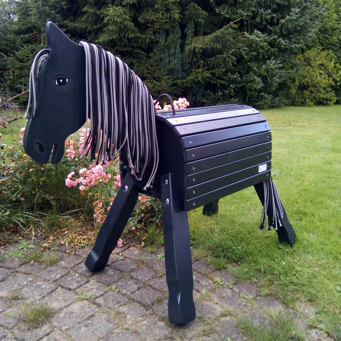Holzpferd, Holzpony Lucky schwarz, 80cm Stockmaß, Mähne schwarz/grau NEU - Etsy.de