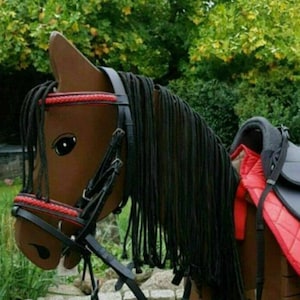 Wooden horse, wooden pony &quot;Lucky&quot; 70 cm, medium brown, incl. accessories, bridle with bit, saddle set *NEW*