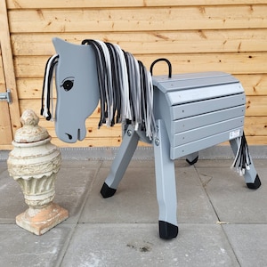 Wooden horse, wooden pony &quot;Spike&quot; 50 cm height grey including handle, hoof painting, eyes and nostrils