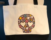 Eco-friendly, multipurpose, canvas tote bag, day of the dead, sugar skull, flowers, dia de los Muertos, shopping, reusable, one-of-a-kind