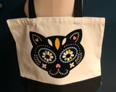 Eco-friendly, multipurpose, canvas tote bag, day of the dead, sugar skull cat, dia de los Muertos, shopping, reusable, one-of-a-kind