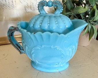 Antique Westmoreland Blue Milk Glass Creamer with Lid