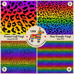 May include: Four sheets of vinyl with a leopard print pattern on a rainbow gradient background. The top left sheet is labeled "Printed Craft Vinyl" and the top right sheet is labeled "Heat Transfer Vinyl".