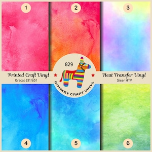 May include: Six different colored watercolor backgrounds with numbers 1 through 6. The center background has a colorful donkey pinata with the text "829 Donkey Craft Vinyl". The top left background has the text "Printed Craft Vinyl Oracal 631/651". The top right background has the text "Heat Transfer Vinyl Siser HTV".