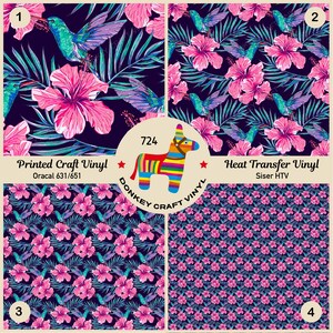Tropical flowers hummingbirds Printed HTV, Pattern Vinyl Glitter HTV Pattern HTV, Puff Heat transfer Vinyl,  Adhesive Craft Vinyl 724