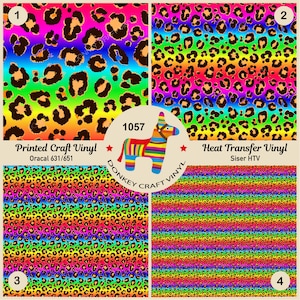May include: Four sheets of vinyl with a rainbow leopard print pattern. The top left sheet is labeled "Printed Craft Vinyl Oracal 631/651". The top right sheet is labeled "Heat Transfer Vinyl Siser HTV". The bottom left sheet is labeled "3" and the bottom right sheet is labeled "4".