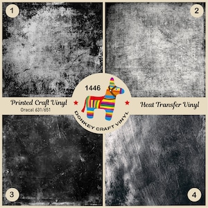 May include: Four black and white textured squares with numbers 1 through 4 in the corners. The center square features a colorful donkey pinata with the text "1446 Donkey Craft Vinyl" and the words "Printed Craft Vinyl Oracal 631/651" and "Heat Transfer Vinyl".
