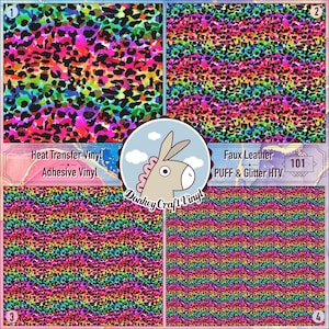 May include: Four different patterns of rainbow leopard print vinyl. The patterns are labeled 1, 2, 3, and 4. The text "Heat Transfer Vinyl Adhesive Vinyl" and "Faux Leather PUFF & Glitter HTV 101" are also visible.