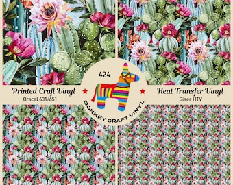 Flowers roses and cactus Printed HTV, Pattern Vinyl, Iron on Vinyl, Faux leather, Puff Heat transfer Vinyl,  Adhesive Craft Vinyl- 424