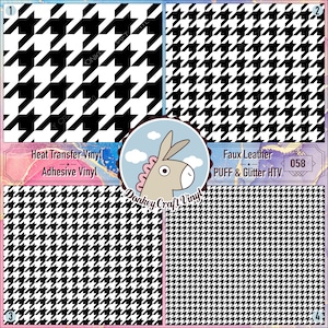 May include: Four black and white houndstooth patterned squares. The top left square says "Heat Transfer Vinyl Adhesive Vinyl". The top right square says "Faux Leather PUFF & Glitter HTV 058". The bottom left and right squares are blank.