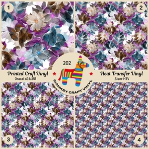 May include: Four floral pattern vinyl sheets. The designs feature white, purple, and brown flowers with green and blue leaves. The text on the image reads "Printed Craft Vinyl" and "Heat Transfer Vinyl". A colorful donkey pinata logo is also present.