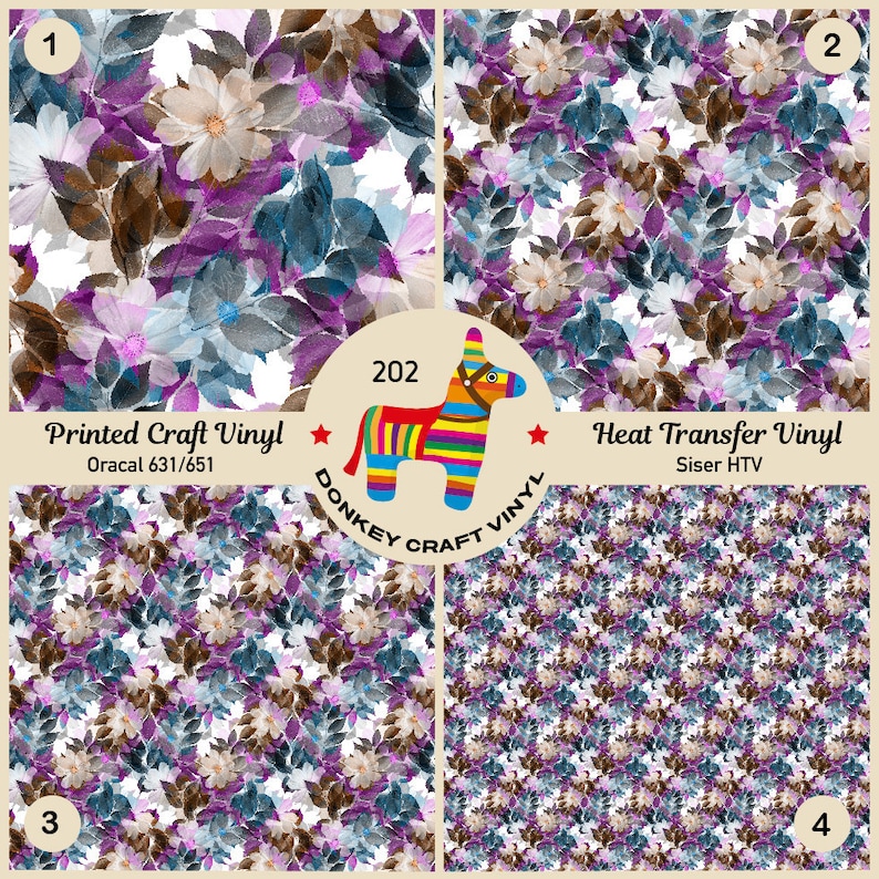 May include: Four floral pattern vinyl sheets. The designs feature white, purple, and brown flowers with green and blue leaves. The text on the image reads "Printed Craft Vinyl" and "Heat Transfer Vinyl". A colorful donkey pinata logo is also present.
