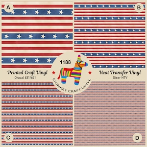 May include: A sheet of red, white, and blue patterned vinyl with a donkey pinata illustration and the text "1188 Donkey Craft Vinyl". The vinyl is available in two types: Printed Craft Vinyl (Oracal 631/651) and Heat Transfer Vinyl (Siser HTV).