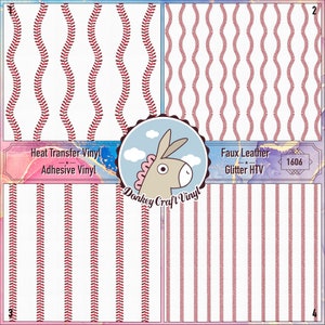 May include: Four different baseball stitch patterns in red on a white background. The patterns are labeled "Heat Transfer Vinyl Adhesive Vinyl" and "Faux Leather Glitter HTV 1606".