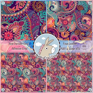 May include: Four squares of patterned fabric with a paisley design in shades of purple, pink, teal, orange, and brown. The fabric is labeled with numbers 1, 2, 3, and 4. The text "Heat Transfer Vinyl Adhesive Vinyl" and "Faux Leather PUFF & Glitter HTV 035" is also visible.