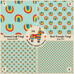 May include: A collage of four vinyl patterns with a light blue background and rainbow designs. The image includes text that reads "Printed Craft Vinyl" and "Heat Transfer Vinyl". A colorful donkey piñata graphic is also present.