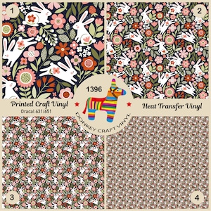 May include: Four different patterns of white bunnies and flowers on a dark blue background. The patterns are labeled 1, 2, 3, and 4. The text "Printed Craft Vinyl" and "Oracal 631/651" are at the top of the image. The text "Heat Transfer Vinyl" is at the top right of the image. The text "1396" is in the center of the image. The text "DONKEY CRAFT VINYL" is below the number 1396.