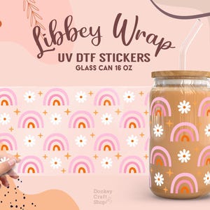 Rainbowsb And Flowers Valentines UV Dtf, Ready to Transfer, Libbey Glass Can Wrap, UV Dtf Cup Wrap, UV Dtf Transfers, 16oz Cup Wrap UV081