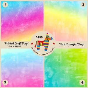 Pode incluir: Quatro quadrados coloridos com um degradê de arco-íris. Os quadrados são numerados de 1 a 4. O quadrado central apresenta um burro de desenho animado com uma sela listrada de arco-íris. O texto "Printed Craft Vinyl Oracal 631/651" está no canto superior esquerdo. O texto "Heat Transfer Vinyl" está no canto superior direito. O texto "1456 DONKEY CRAFT VINYL" está no centro da imagem.