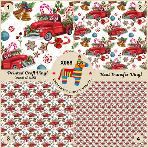May include: Four different Christmas-themed vinyl patterns. The designs feature a red vintage truck carrying a Christmas tree, candy canes, ornaments, and gingerbread cookies. The text "Printed Craft Vinyl" and "Heat Transfer Vinyl" are included.