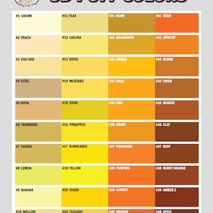 K&ouml;nnte beinhalten: Eine Tabelle mit 40 verschiedenen Farben, die mit Nummern und Namen beschriftet sind. Die Farben reichen von Creme bis Braun, mit Schattierungen von Gelb, Orange und Rot. Die Tabelle tr&auml;gt den Titel "3D Puff Colors".