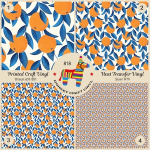 Peut inclure: Quatre feuilles de vinyle à motifs avec des oranges et des feuilles bleues sur fond blanc. Le texte comprend "Printed Craft Vinyl" et "Heat Transfer Vinyl". Une piñata d'âne colorée est également présente.