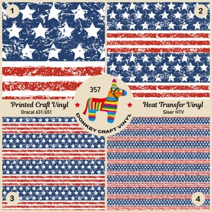 May include: Four digital designs of the American flag in a distressed style. The designs are labeled 1, 2, 3, and 4. The designs are available in two types of vinyl: Printed Craft Vinyl Oracal 631/651 and Heat Transfer Vinyl Siser HTV. The designs are perfect for crafting projects.