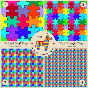 May include: Four sheets of colorful puzzle-patterned vinyl, two sheets labeled "Printed Craft Vinyl Oracal 631/651" and two sheets labeled "Heat Transfer Vinyl Siser HTV".