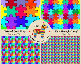 Patterned Vinyl Autism Awareness puzzle HTV, Printed Faux leather, Puff Heat transfer Vinyl,  Adhesive Craft Vinyl, Iron on Vinyl- 780