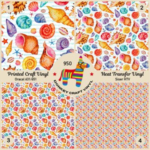 May include: Four patterned vinyl sheets featuring watercolor seashell designs in various colors. The sheets are labeled "Printed Craft Vinyl" and "Heat Transfer Vinyl" with the brand name "Donkey Craft Vinyl" and the number "950".