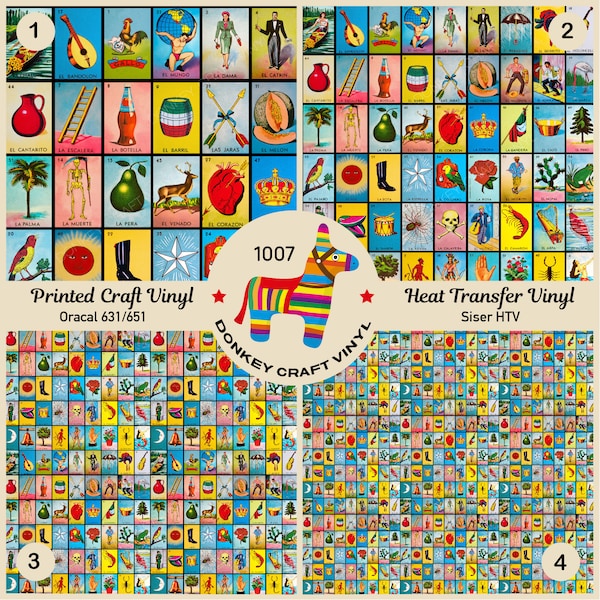 Loteria Mexican Bingo Lottery Game Printed Vinyl, Glitter Pattern HTV, Faux leather, Puff Heat transfer Vinyl,  Adhesive Craft Vinyl- 1007