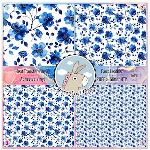 May include: Four different patterns of blue floral designs on a white background. The patterns are labeled 1, 2, 3, and 4. The text "Heat Transfer Vinyl Adhesive Vinyl" and "Faux Leather PUFF & Glitter HTV 1698" are also visible. The text "Donkey Craft Vinyl" is in a logo with a donkey.