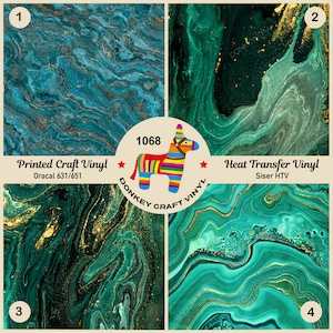 May include: Four square images of green and blue marbled vinyl with gold glitter. The top left image is labeled "Printed Craft Vinyl Oracal 631/651". The top right image is labeled "Heat Transfer Vinyl Siser HTV". The bottom left image is labeled "3" and the bottom right image is labeled "4".