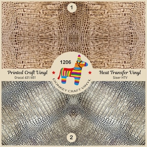 Peut inclure: Deux échantillons de vinyle avec un motif peau de crocodile. L'échantillon du haut est brun et porte l'inscription "Printed Craft Vinyl Oracal 631/651". L'échantillon du bas est gris et porte l'inscription "Heat Transfer Vinyl Siser HTV". Les deux échantillons sont étiquetés avec le numéro "1206" et un logo d'âne.