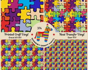 May include: Four colorful puzzle piece patterns are displayed, labeled as printed craft vinyl and heat transfer vinyl. The image includes a pinata graphic and the text "Donkey Craft Vinyl".