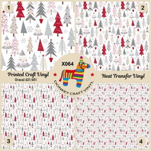 May include: Four patterned vinyl sheets featuring Christmas tree designs in red, gray, and white. The designs include various tree styles and snowflake accents. The image also includes a colorful donkey pinata logo and text: "Printed Craft Vinyl" and "Heat Transfer Vinyl".