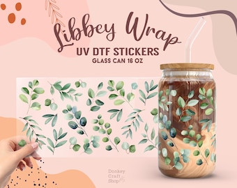 Watercolor Eucalyptus UV Dtf Sticker, Ready to Transfer, Libbey Glass Can Wrap, Cup Wrap, UV Dtf Transfers, Tumbler Uv Sticker UV114