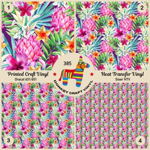 May include: Four colorful vinyl sheets with tropical floral patterns. The designs feature pink, orange, and red flowers with green leaves on a purple background. The image includes text that reads "Printed Craft Vinyl" and "Heat Transfer Vinyl."