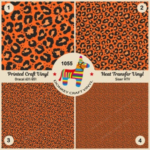 Puede incluir: Cuatro muestras de vinilo con estampado de leopardo naranja y negro. La muestra superior izquierda está etiquetada como "Printed Craft Vinyl" y la muestra superior derecha como "Heat Transfer Vinyl". Un gráfico colorido de piñata de burro está en el centro.