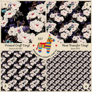 Könnte beinhalten: Vier Muster von Bastelvinyl mit floralen Mustern. Oben links sind große weiße Blumen mit roten Zentren auf schwarzem Hintergrund zu sehen. Oben rechts ist ein ähnliches Muster zu sehen. Die unteren beiden zeigen sich wiederholende Muster. Der Text enthält "Printed Craft Vinyl" und "Heat Transfer Vinyl".